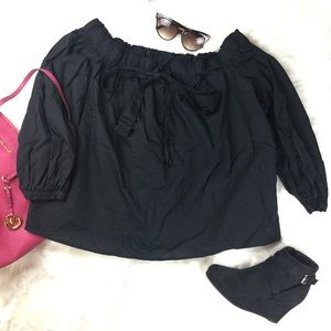 Black Ruched Off The Shoulder Blouse Pussy Bow